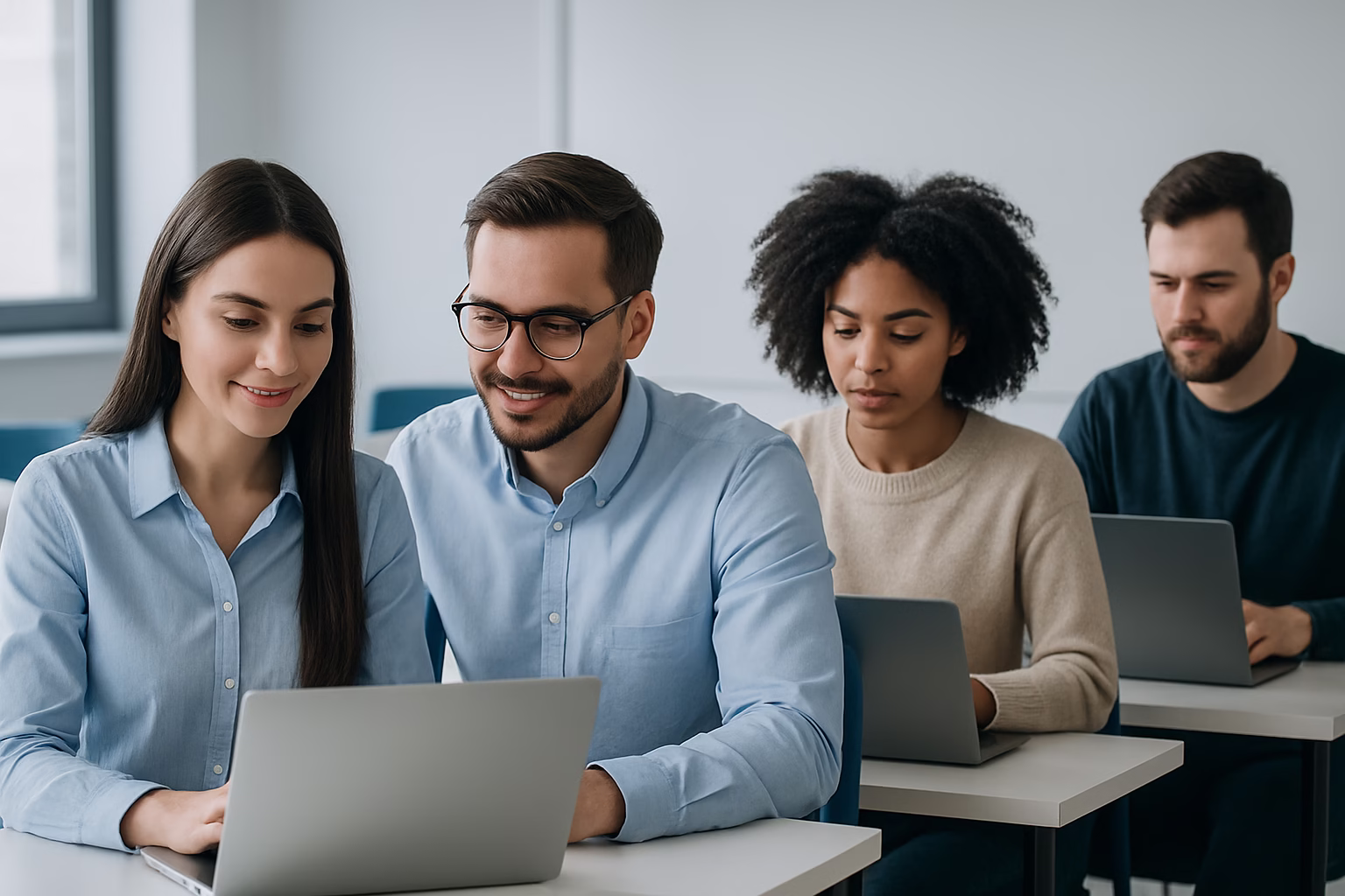 mejores cursos marketing Barcelona - digital marketing students in a classroom setting, professional photography styl | CIPSA