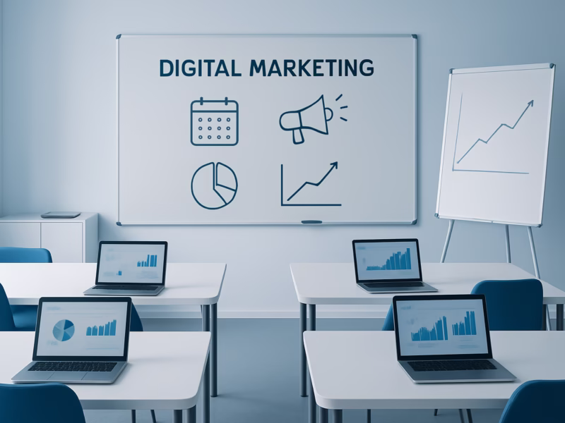 mejores cursos marketing digital - modern digital marketing classroom, students interacting with laptops and whiteb | CIPSA