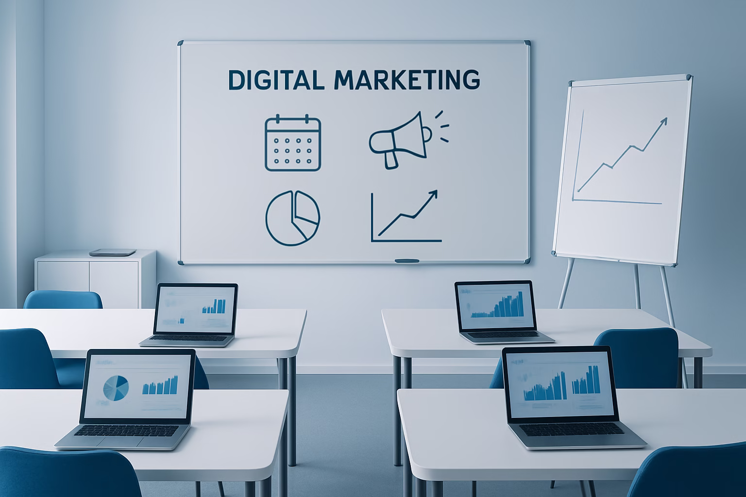 mejores cursos marketing digital - modern digital marketing classroom, students interacting with laptops and whiteb | CIPSA