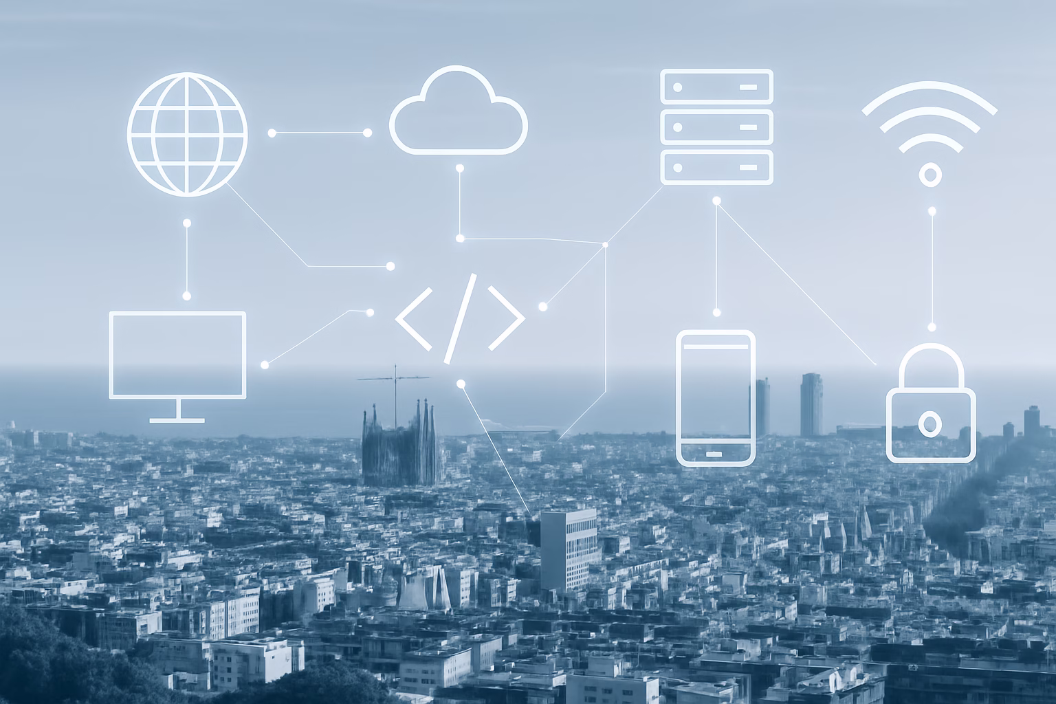 mejores cursos marketing digital - Barcelona cityscape with technology elements overlay, professional photography s | CIPSA