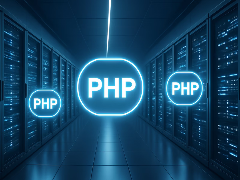 PHP 9 - futuristic server room with glowing PHP symbols, professional style, no text no | CIPSA