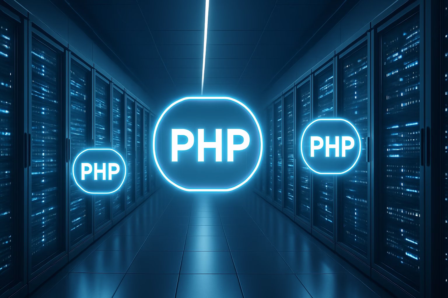 PHP 9 - futuristic server room with glowing PHP symbols, professional style, no text no | CIPSA