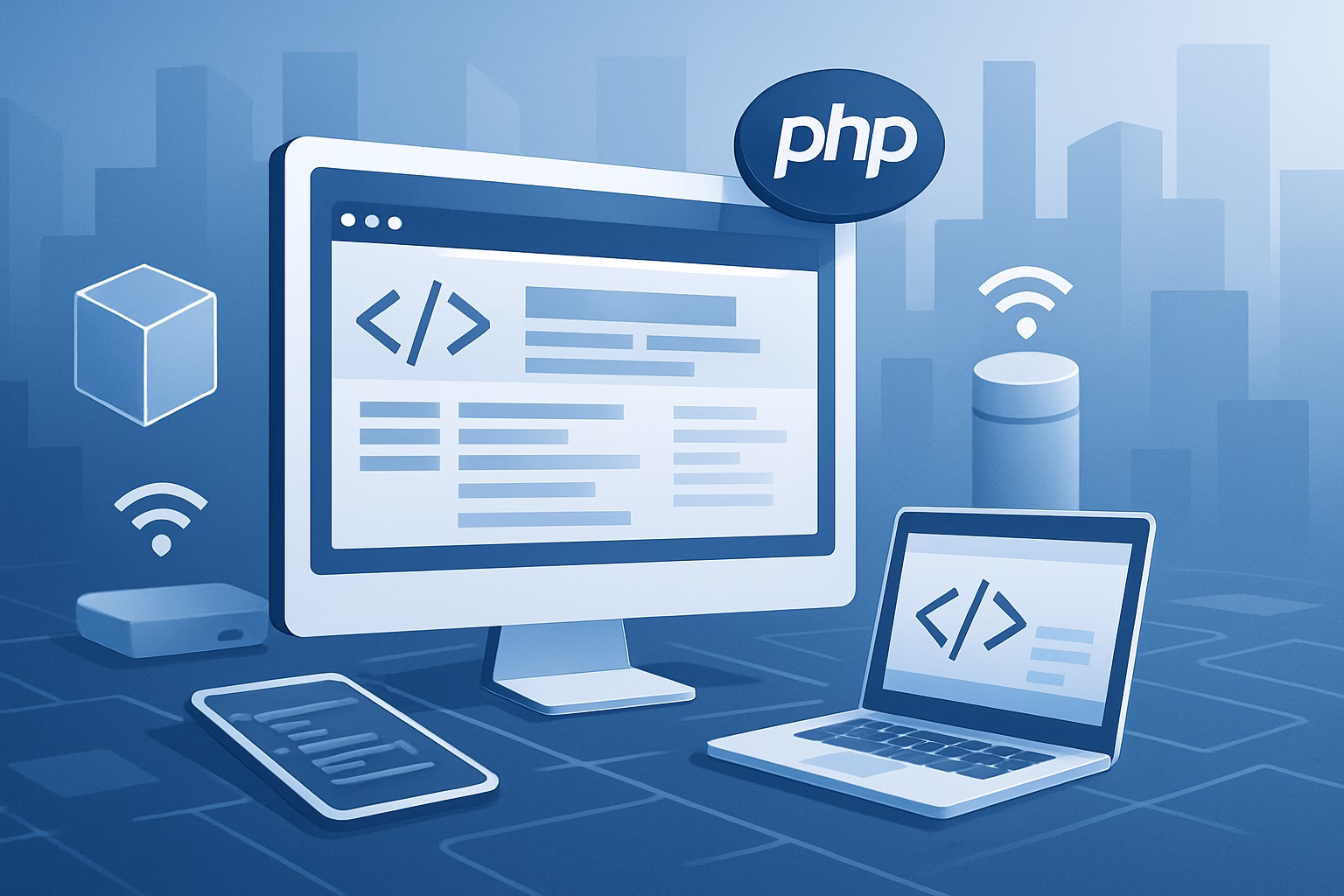 PHP 9 - futuristic web development landscape with PHP and IoT devices, professional styl | CIPSA