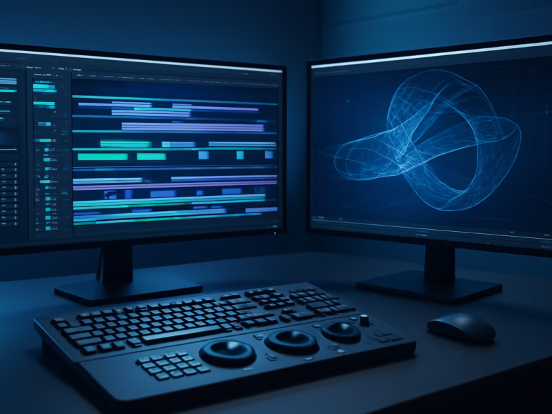 Premiere 3D 2026 - Professional setup of a video editing suite with a futuristic 3D interface, high | CIPSA