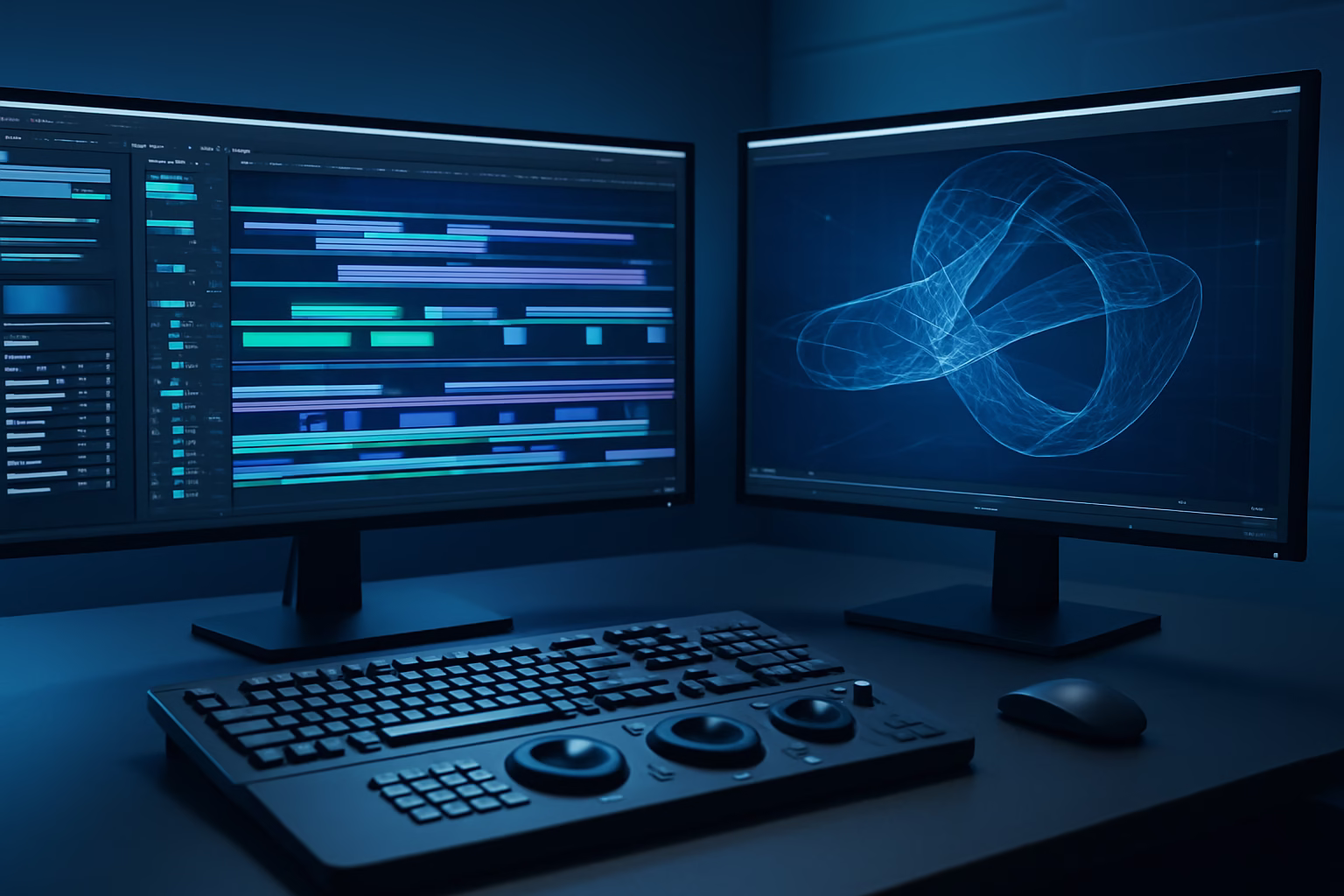 Premiere 3D 2026 - Professional setup of a video editing suite with a futuristic 3D interface, high | CIPSA