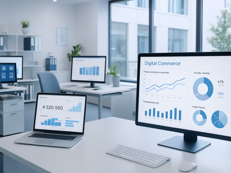 SAP gestión comercial - A modern office environment with several employees engaged in digital commerce a | CIPSA