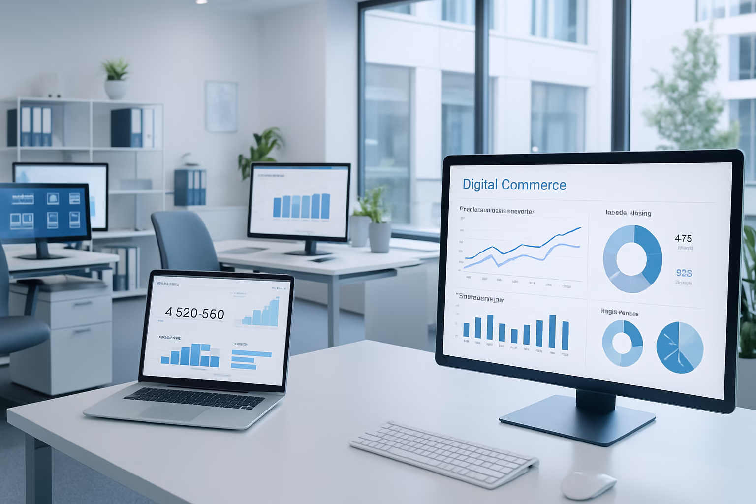 SAP gestión comercial - A modern office environment with several employees engaged in digital commerce a | CIPSA