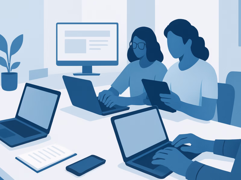 SEO en Wordpress - A group of diverse students working collaboratively on laptops and digital devic | CIPSA