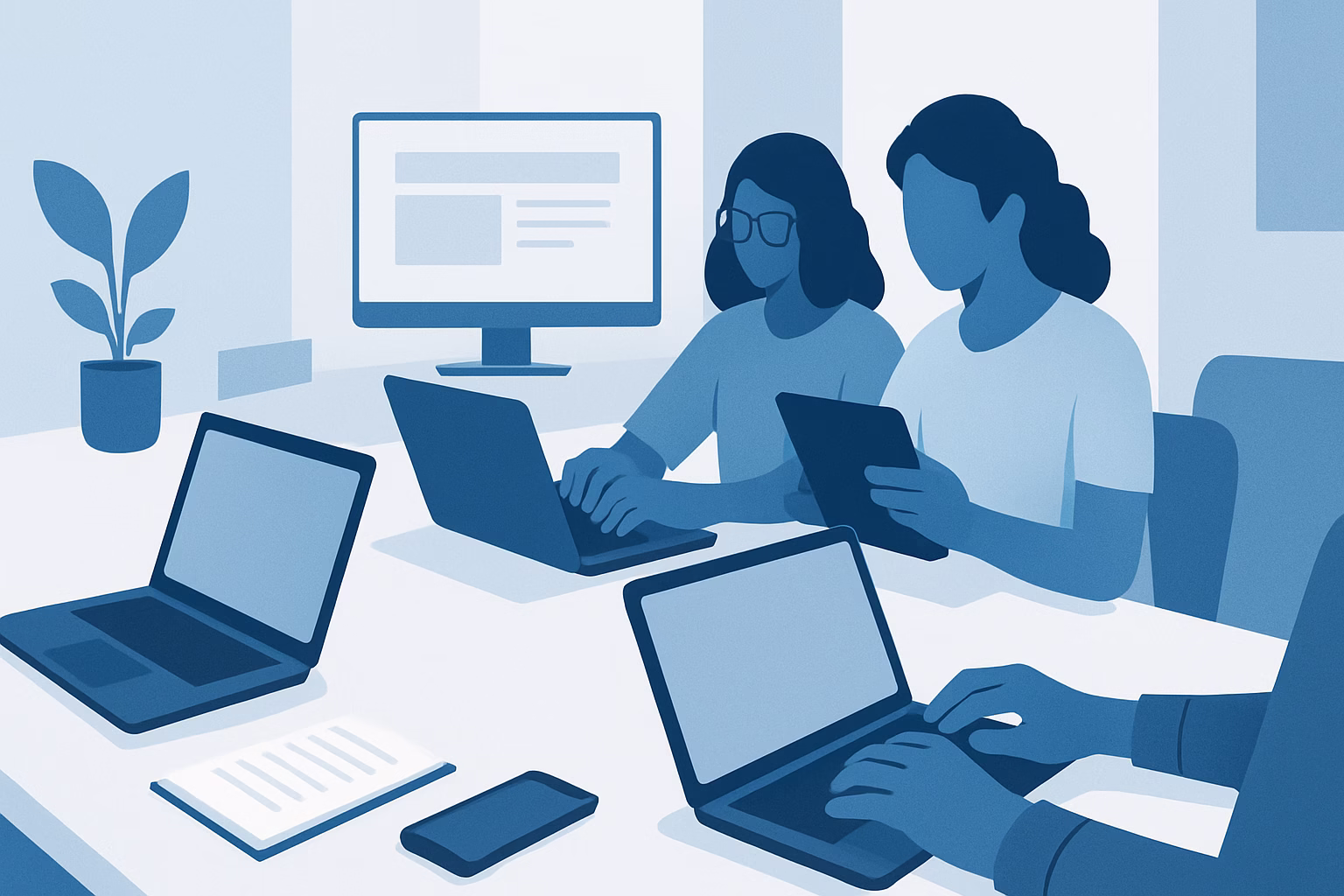 SEO en Wordpress - A group of diverse students working collaboratively on laptops and digital devic | CIPSA