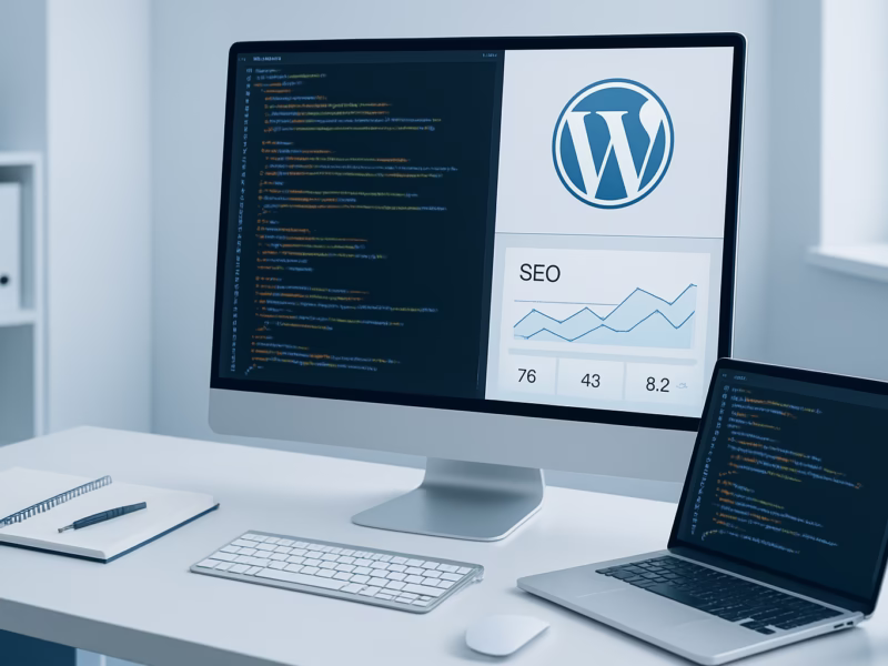 SEO WordPress 2026 - young professional web developer optimizing WordPress site for SEO, coding in a | CIPSA