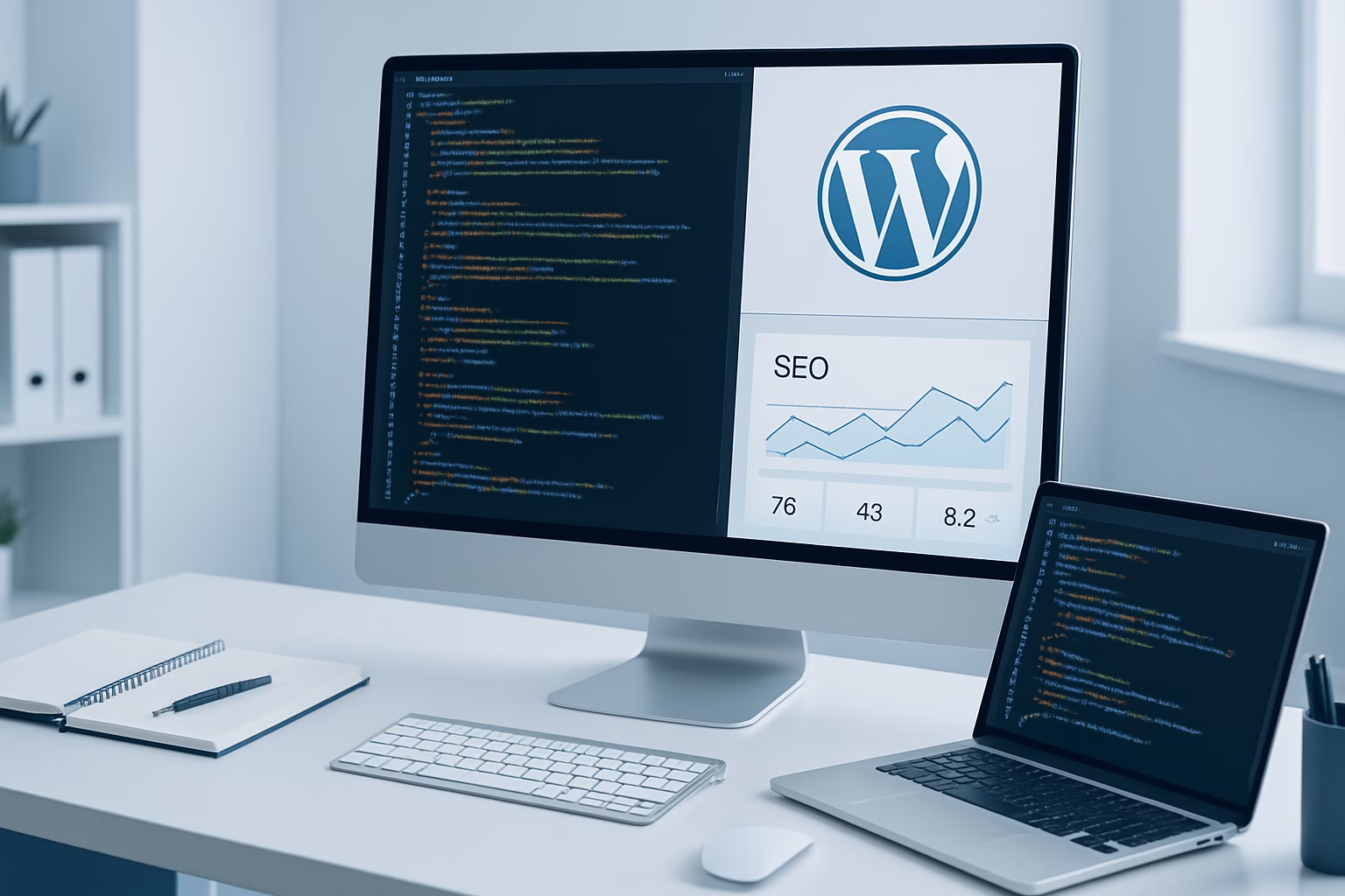 SEO WordPress 2026 - young professional web developer optimizing WordPress site for SEO, coding in a | CIPSA