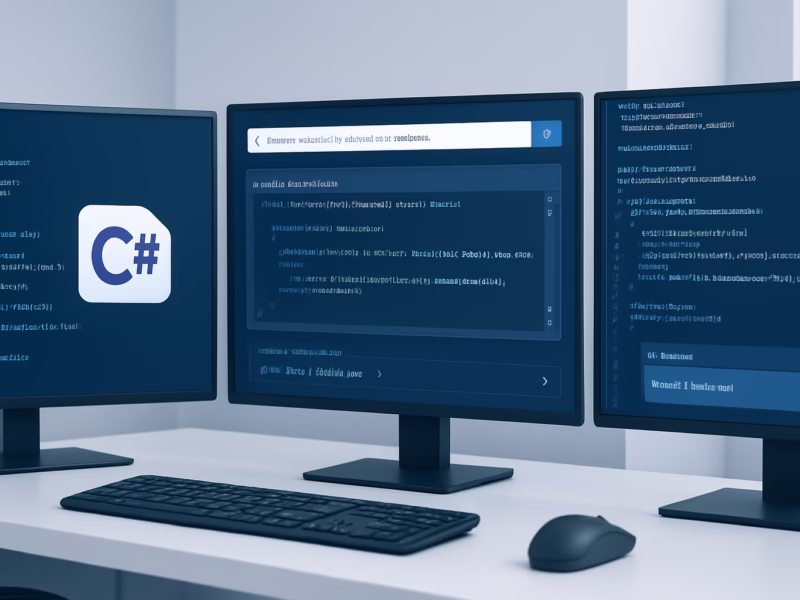 Visual C# AI - Developers working with Visual C# AI tools, multiple screens showing code and AI | CIPSA