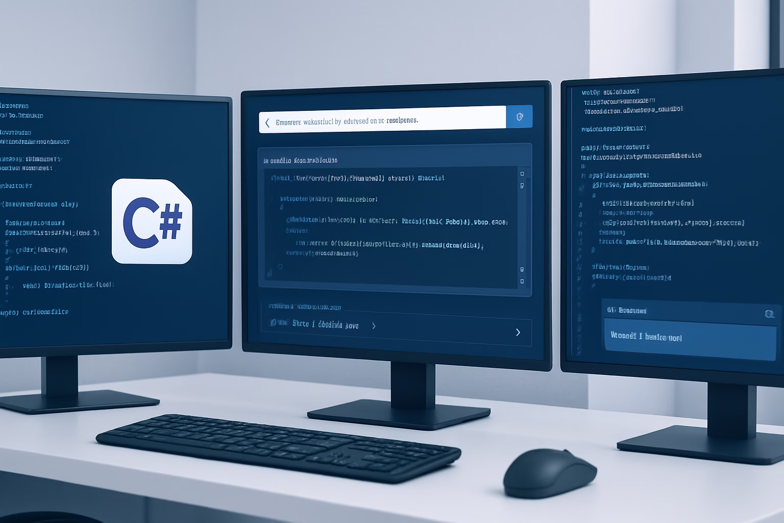 Visual C# AI - Developers working with Visual C# AI tools, multiple screens showing code and AI | CIPSA