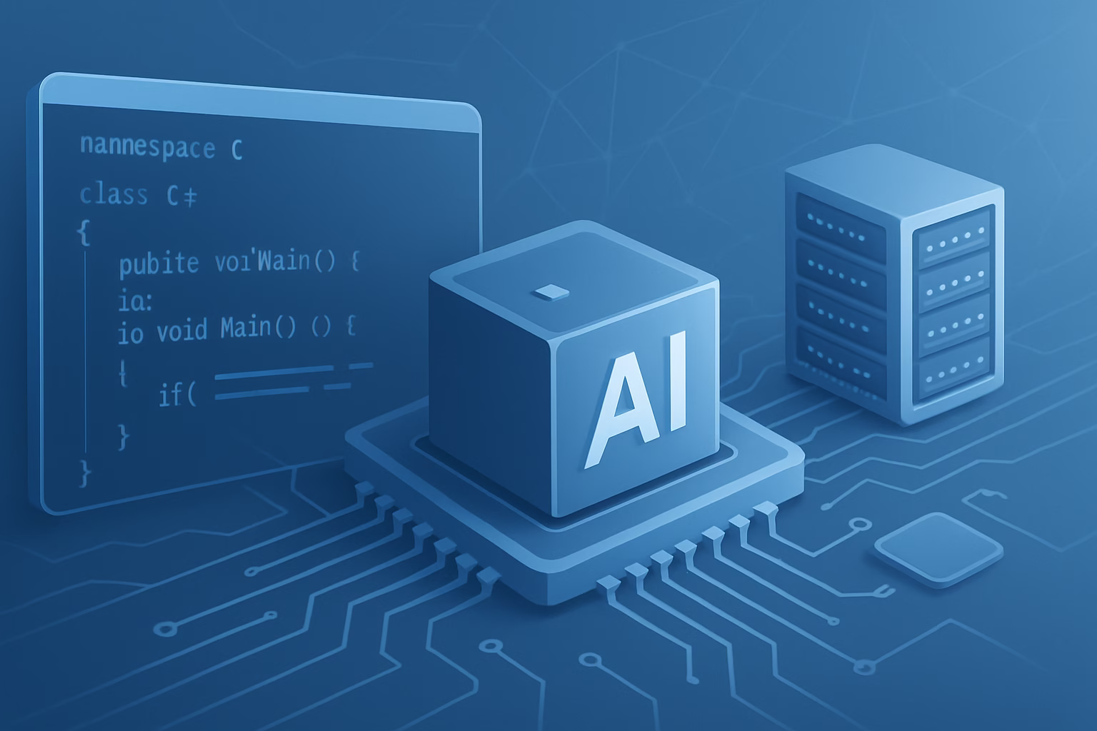 Visual C# AI - A futuristic view of AI deployment with Visual C# code, professional style, no t | CIPSA